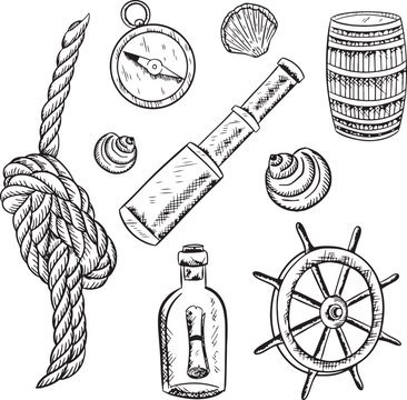 Graphic Vector Collection Of Pirate And Saling Elements. Isolated On White Background Compass, Spyglass, Rope, Seashells, Rom Barrel, Boat, Ship Rudder , Message In A Bottle