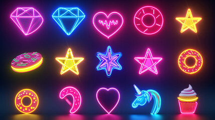 Pop art icons glowing with neon flair, a vibrant collection for modern expressions