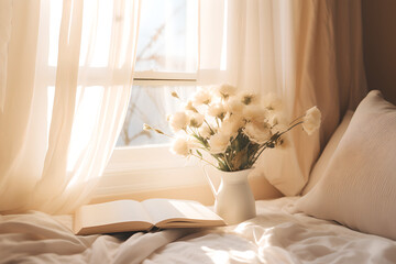  Banner of cozy morning on the bed with flowers and sun rays coming in from window , copy space , pillows, curtains، plants,sun light , plant,vase,white
 - Powered by Adobe