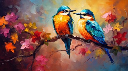 a pair of birds on a branch, in the style of vibrant colors in nature