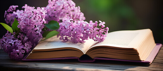 A beautiful lilac flower over an open book book and flowers poetry and romance flowers with books lilac and book.AI Generative