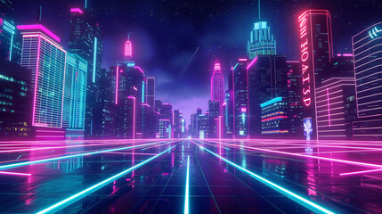 Fototapeta na wymiar Futuristic cityscape with bright blue ,pink purple neon long exposure light background.smart city concept.