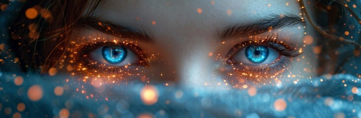 Close-Up Portrait of Womans Face With Blue Eyes - obrazy, fototapety, plakaty