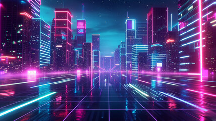 Futuristic cityscape with bright blue ,pink purple neon long exposure light background.smart city concept.
