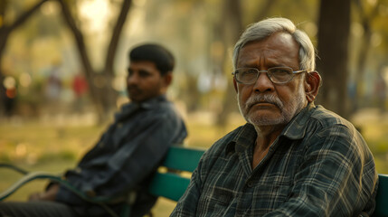 Obraz premium Aged man in desolation, seeking solace with friends at the park