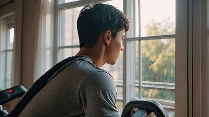 person looking out window, Early in the morning, a young man using an exercise bike for cardio back view while the windows let in sunlight. - obrazy, fototapety, plakaty