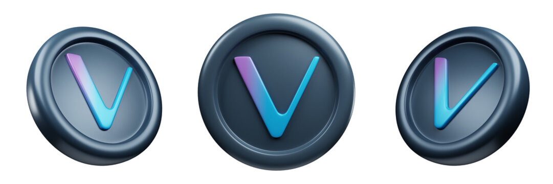 Vechain or VET Grey Coin 3d Set rendering cryptocurrency illustration cartoon style, blockchain or cryptocurrency design theme