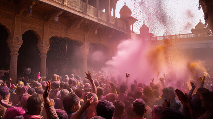 Vibrant Holi festival celebration in Nandgram Mandir complex, Vrindavan, Uttar Pradesh