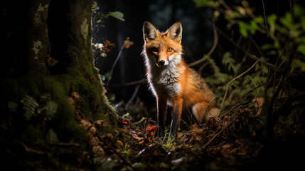 red fox in a spotlight in the forerst in the middle of the night