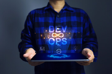 Software developer dev ops engineer using tablet to applied agile methodology devops development...