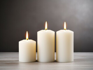 Fototapeta na wymiar Three burning candles on wooden table against dark background, space for text