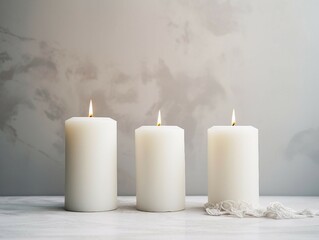 Fototapeta na wymiar Three white candles on a white marble table and a gray background.