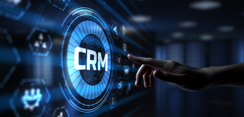 CRM Customer relationship management concept. Hand pressing button on screen.