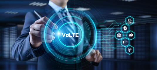 VoLTE Voice over LTE communication technology concept. Businessman pressing virtual button.
