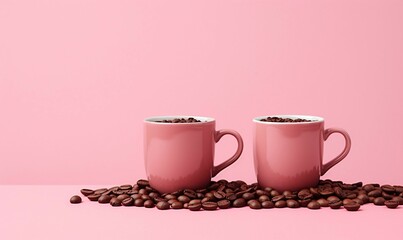 Two pink coffee cups with coffee beans on pink background. Copy space.