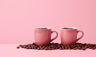  Two pink coffee cups with coffee beans on pink background. Copy space. © Digital Waves