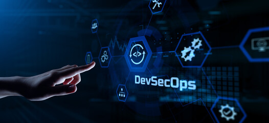DevSecOps software development technology concept. Hands pressing button virtual screen.