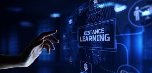 Distance learning E-learning internet education technology concept. Hands pressing button virtual...