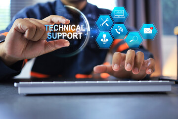 technical support concept with technician catch on customer service information icon or after sale service such as repair, newsletter email, question and answer, on site services 24 hour in 7 day