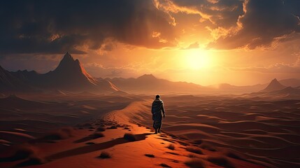 Fototapeta na wymiar a man walking in the middle of the desert
