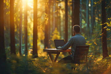 Man working in nature, teleworking, plant a tree, man with laptop in a forest, computer, informatic, feeling good at work, working from home, remote working, back to nature, ecology - 727213531