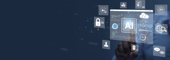 Businessman uses artificial intelligence and data dashboard business analysis and data management systems with KPIs and indicators connected to databases for technology, finance, marketing.