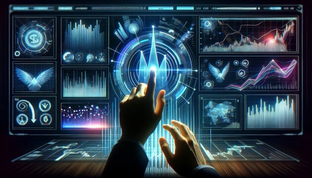 A Person's Hand Interacting With Futuristic Holographic Financial Charts And Statistics