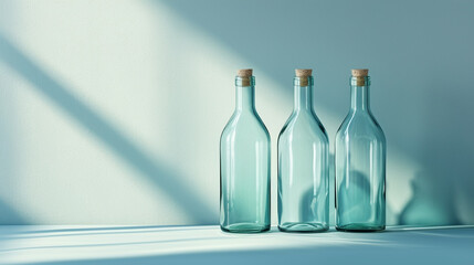 Minimalistic decorative glass bottles background concept with empty space. 

