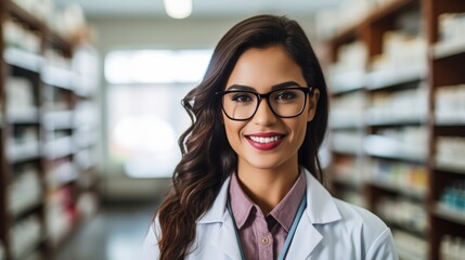 Obraz premium Portrait of happy female pharmacist standing with arms crossed in drugstore