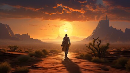 Fototapeta na wymiar a man walking in the middle of the desert