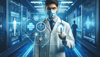 a futuristic medical environment with a healthcare professional wearing a white lab coat and a protective mask, standing in a high-tech medical lab