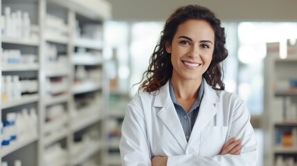 Young italian woman pharmacist smiling confident standing at pharmacy - Powered by Adobe