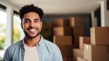 Fototapeta premium Young hispanic man smiling confident standing at new home