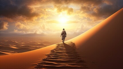 a man walking in the middle of the desert - obrazy, fototapety, plakaty