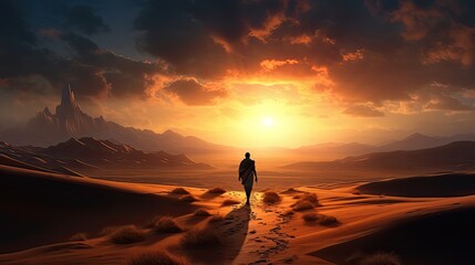 a man walking in the middle of the desert - obrazy, fototapety, plakaty