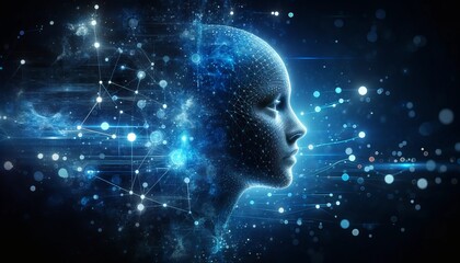 Fototapeta premium futuristic style human head silhouette with glowing blue circuits and gold dots