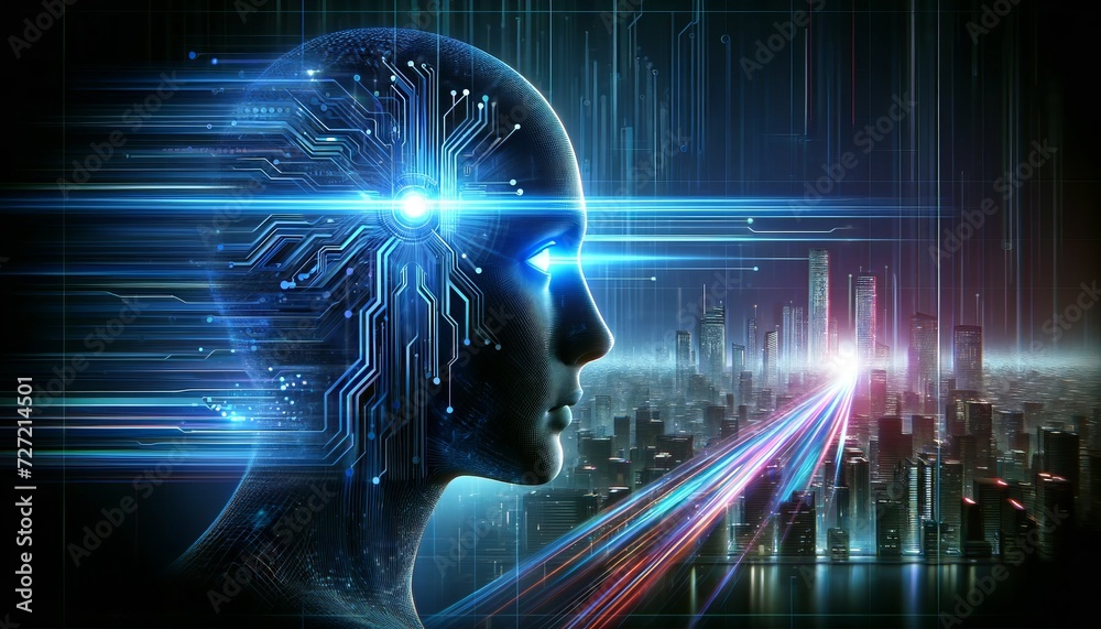Poster the silhouette of a human face is seen from the side with glowing blue futuristic circuits and eleme