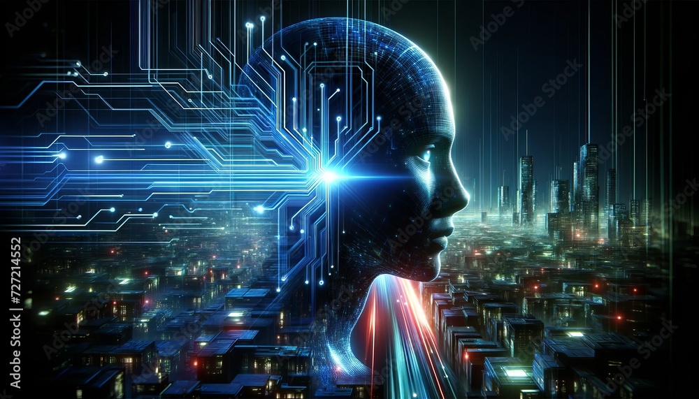 Poster the silhouette of a human face is seen from the side with glowing blue futuristic circuits and eleme