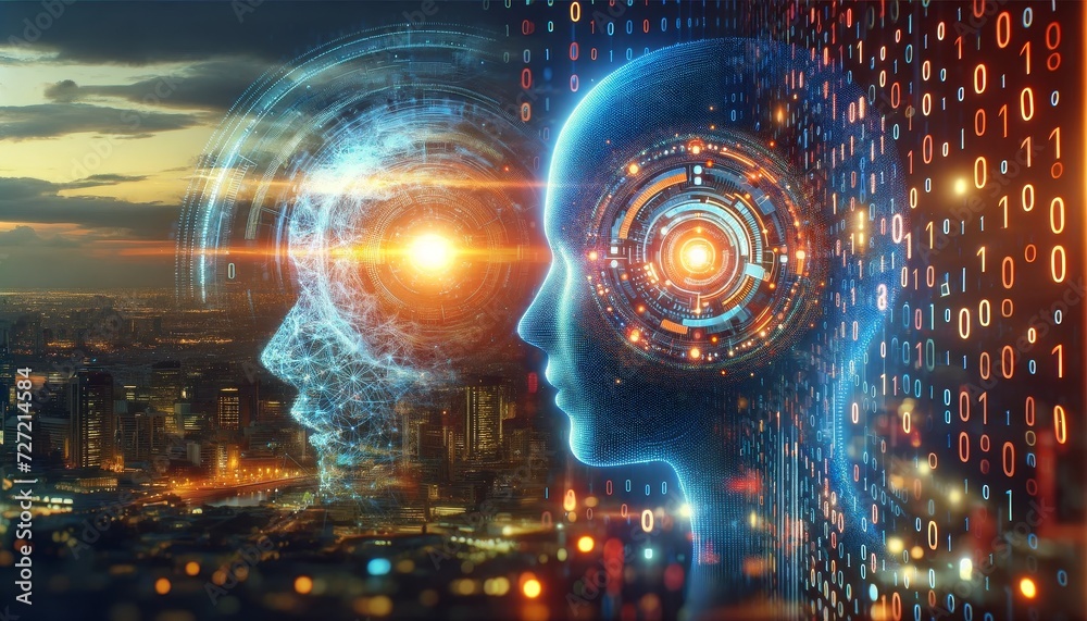 Poster the silhouette of a human face is seen from the side with glowing blue futuristic circuits and eleme
