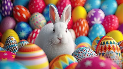 very cute easter bunny surrounded by vibrant easter eggs