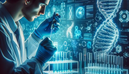 scientist in laboratory with gloves and holding pipette, with futuristic digital genetic structures and molecules background