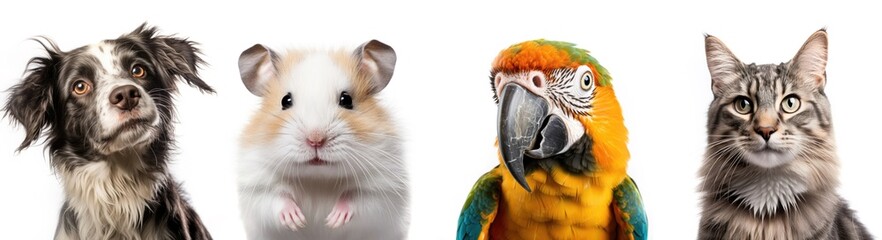 portraits of a dog, hamster, parrot and cat on a white background in the studio. Group of pets in front of a white background. Looking at camera