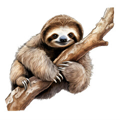 a sloth on a tree branch on a transparent background png isolated