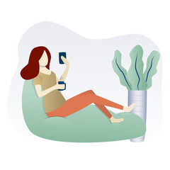Woman relaxing with cup of tea and mobile phone after work. Flat illustration