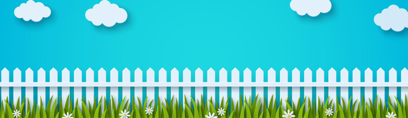 Wooden white fence, flowers and grass. Vector illustration. Sumer banner poster template, place for text. Paper cut clouds in blue spring sky. Chamomile daisy lawn