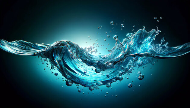 Dynamic image of water in motion creating a wave, showing purity and fluidity with drops floating around it against a dark background. Concept of source of life. AI generated.