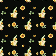 Seamless pattern with cute gnomes and sunflowers.