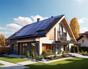 New suburban house with a photovoltaic system on the roof. Modern eco friendly passive house with landscaped yard. Solar panels on the gable roof 