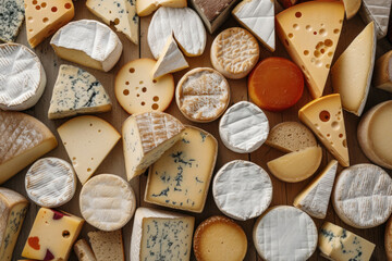 An overhead view of a delectable assortment of cheeses, creating an appetizing backdrop