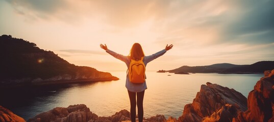 Confident woman with backpack with arms up relaxing at sunset seaside during a trip , traveler enjoying freedom in serene nature landscape - obrazy, fototapety, plakaty